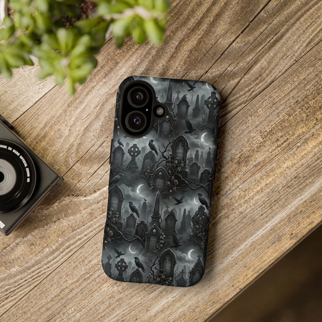 Gothic Graveyard iPhone Case | Dark Academia Raven & Cemetery Art | Dual-Layer Shockproof Cover | Premium Gift for Goth Fans
