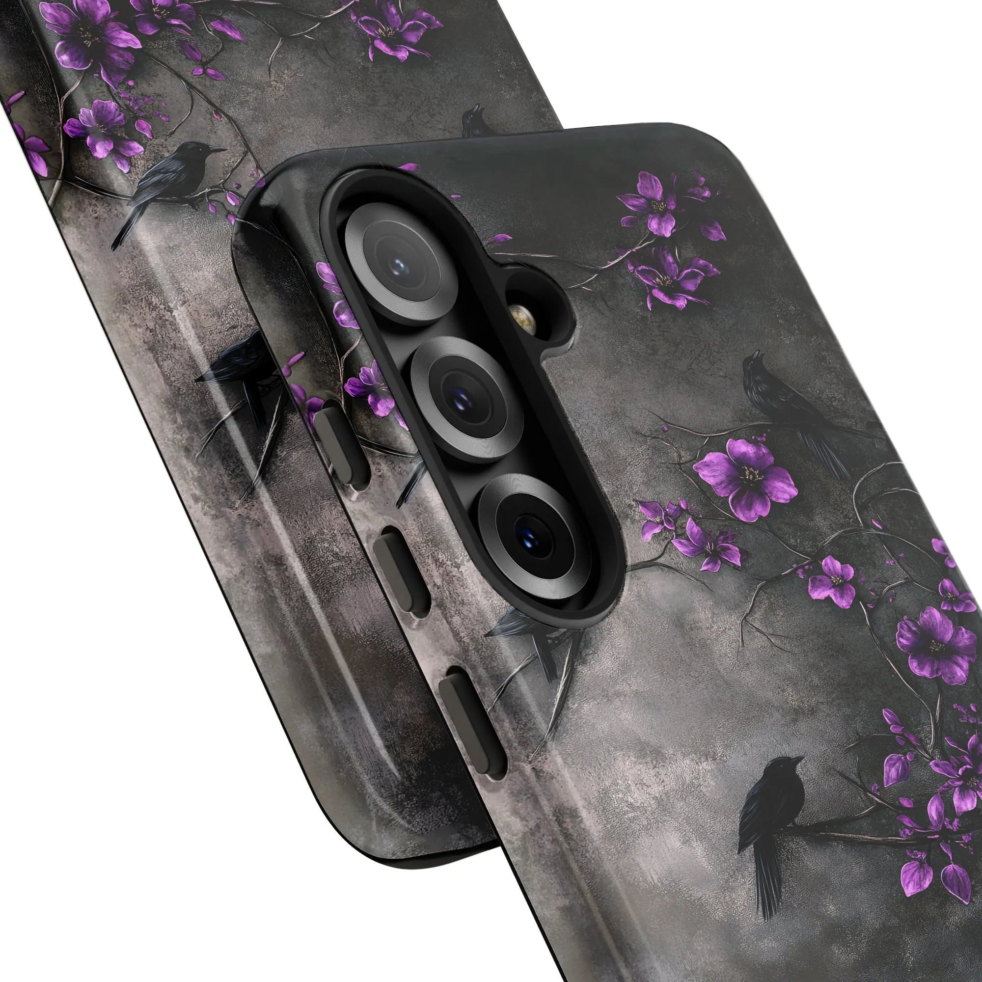 Gothic Raven Phone Case | Dark Botanical Crow & Purple Flower Art | Dual-Layer Tough Case | For iPhone 15 14 13 Pro Max, Uniq