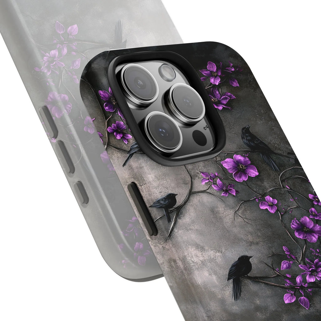 Gothic Raven Phone Case | Dark Botanical Crow & Purple Flower Art | Dual-Layer Tough Case | For iPhone 15 14 13 Pro Max, Uniq