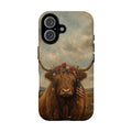 Patriotic Highland Cow iPhone Case | Vintage American Flag & Floral Crown | Dual-Layer Tough Protective Cover | Aesthetic Far