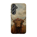 Patriotic Highland Cow iPhone Case | Vintage American Flag & Floral Crown | Dual-Layer Tough Protective Cover | Aesthetic Far